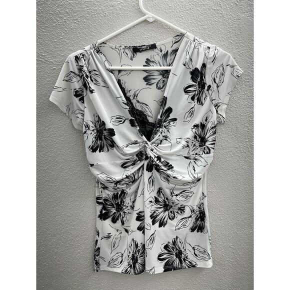 Womens B. Moss Blouse Stretch White and Black Floral Short Sleeve Size Unknown - Picture 1 of 11